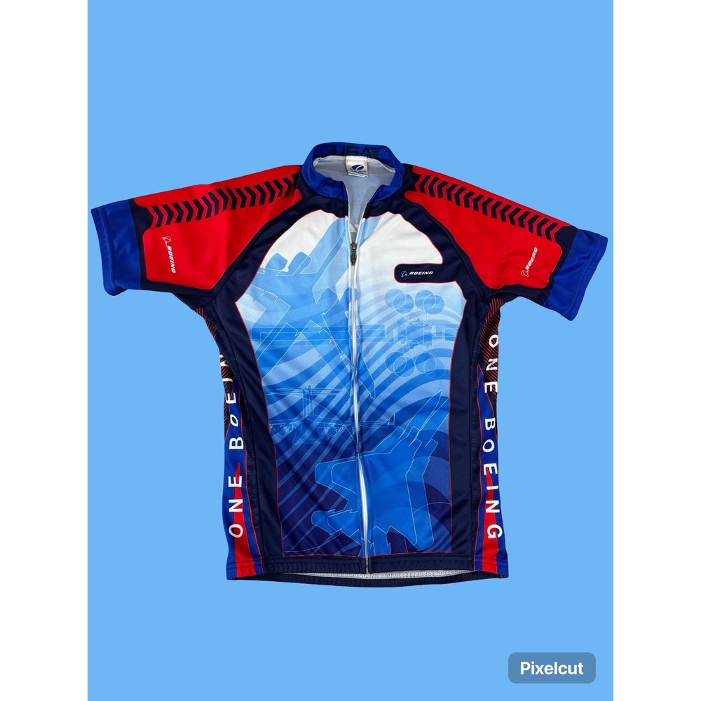 Voler One Boeing Cycling Jersey Mens Blue Red White Full Zip Short Sleeve Top - Picture 4 of 12